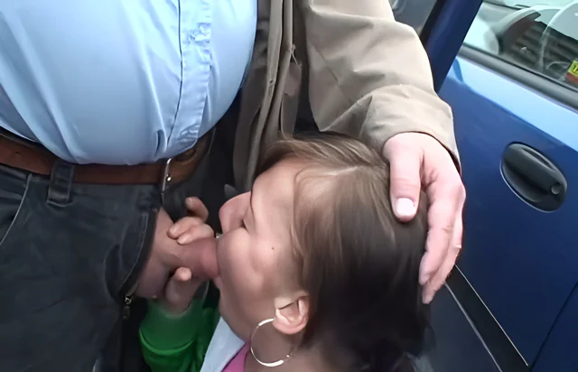 German college girl gives fat man public street blowjob